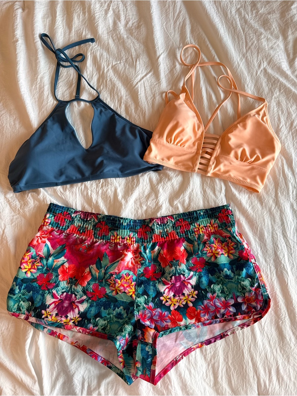 Set of Two Bikini Tops and Floral Swim Shorts